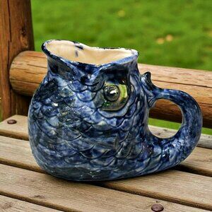 Garland Ceramics Pottery Whale Fish Mug Pitcher Tail Handle Hand Painted Blue